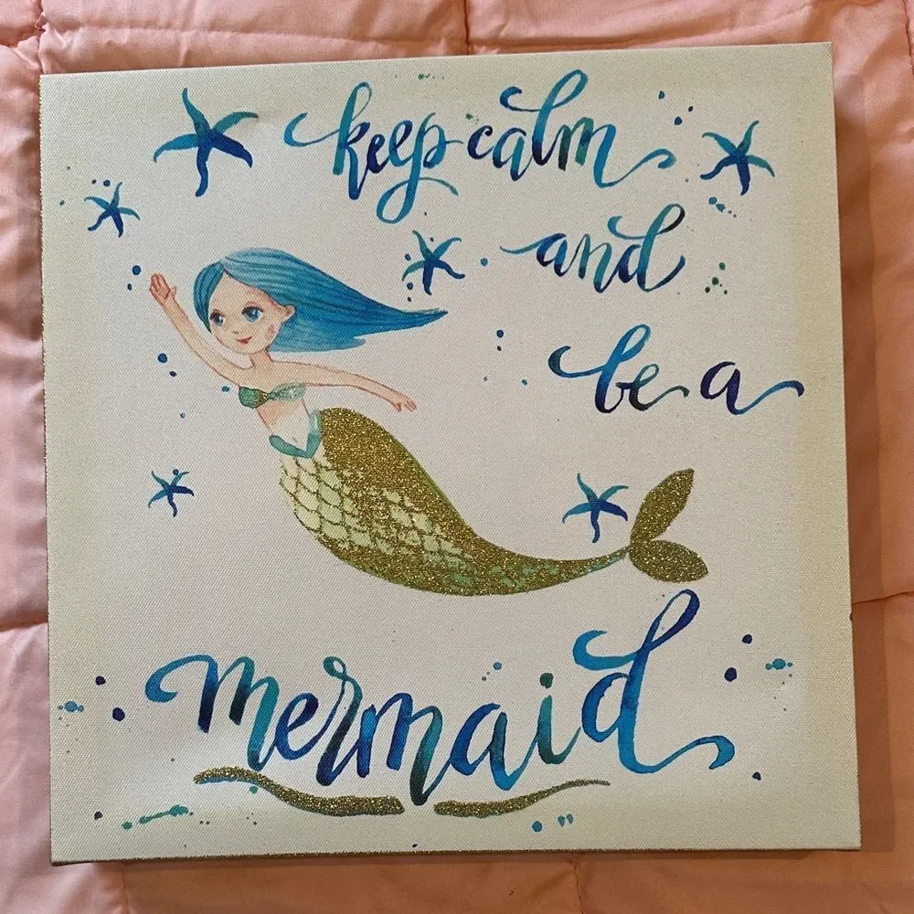 Art Mermaid Wrapped Canvas Wall Art Glitter Sides 12” x 12” Beach Coastal